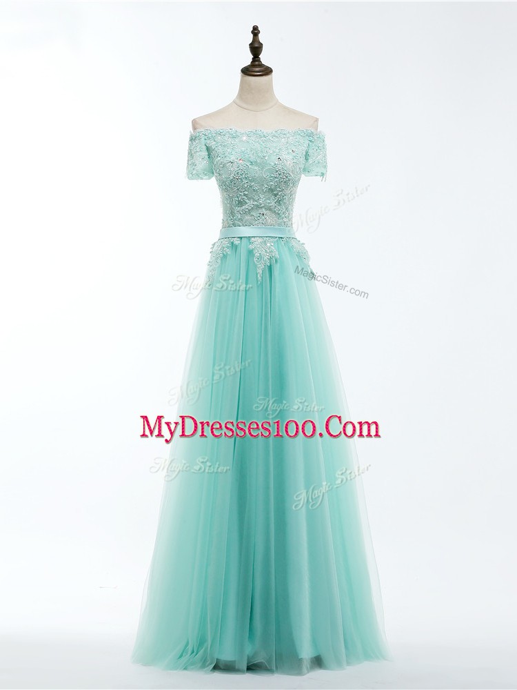 Fantastic Short Sleeves Lace and Appliques Lace Up Evening Dress