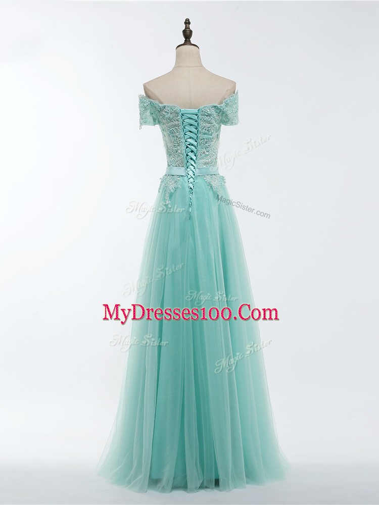 Fantastic Short Sleeves Lace and Appliques Lace Up Evening Dress