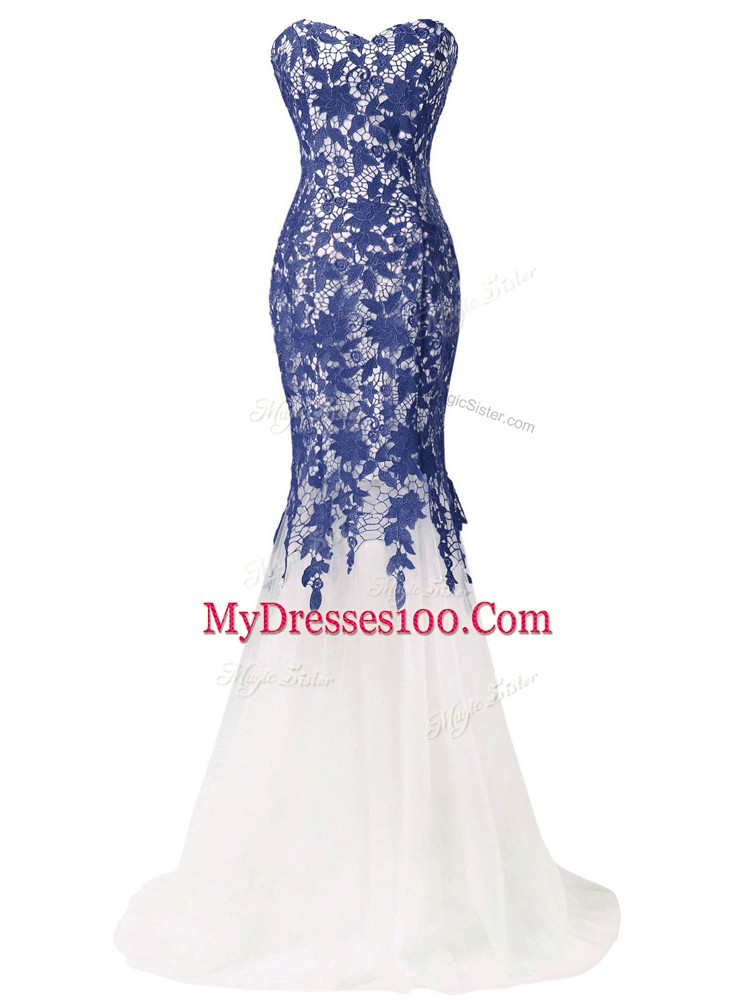 Dynamic Blue And White Prom Dresses Prom and Military Ball and Beach with Lace and Appliques Sweetheart Sleeveless Brush Train Lace Up