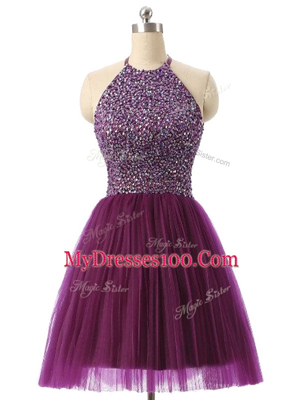 Dark Purple Halter Top Backless Beading and Sequins Prom Dress Sleeveless