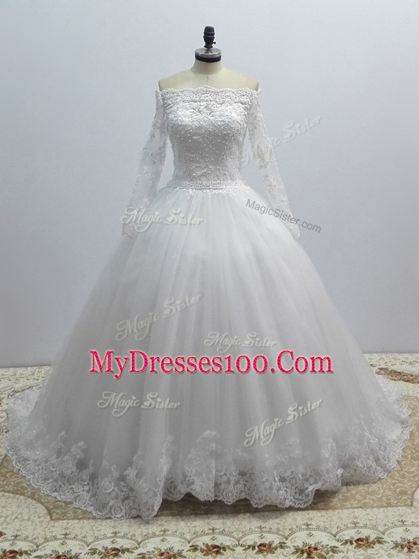 Ideal Off The Shoulder Long Sleeves Brush Train Lace Up Wedding Dresses White Tulle
