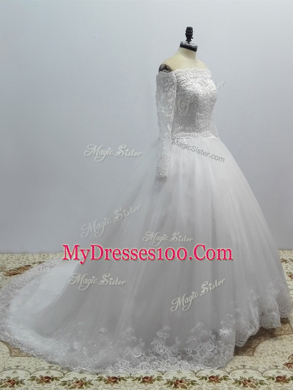Ideal Off The Shoulder Long Sleeves Brush Train Lace Up Wedding Dresses White Tulle