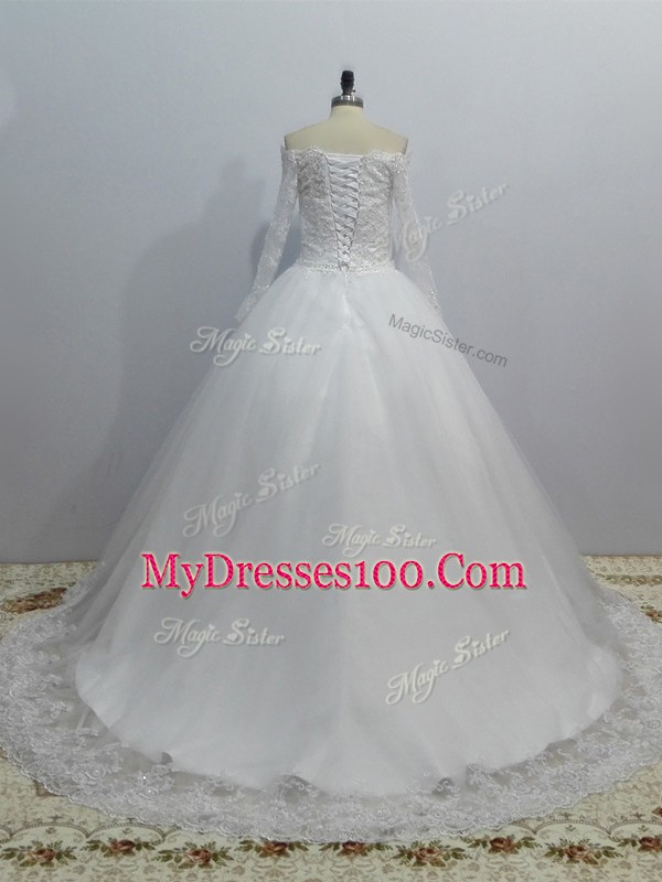 Ideal Off The Shoulder Long Sleeves Brush Train Lace Up Wedding Dresses White Tulle