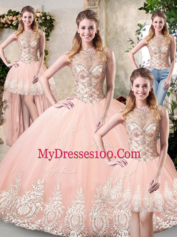 Smart Peach Tulle Backless High-neck Sleeveless Floor Length 15 Quinceanera Dress Beading and Lace and Appliques