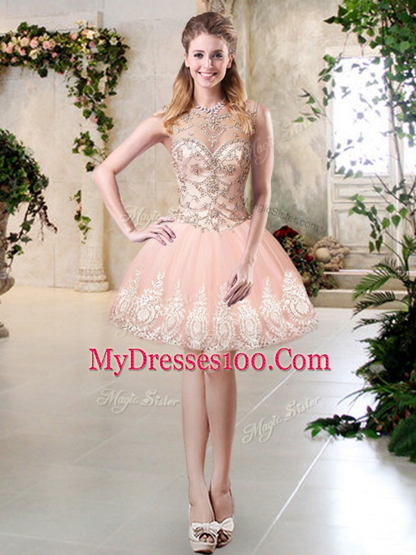 Smart Peach Tulle Backless High-neck Sleeveless Floor Length 15 Quinceanera Dress Beading and Lace and Appliques