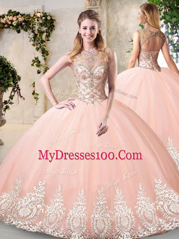 Smart Peach Tulle Backless High-neck Sleeveless Floor Length 15 Quinceanera Dress Beading and Lace and Appliques