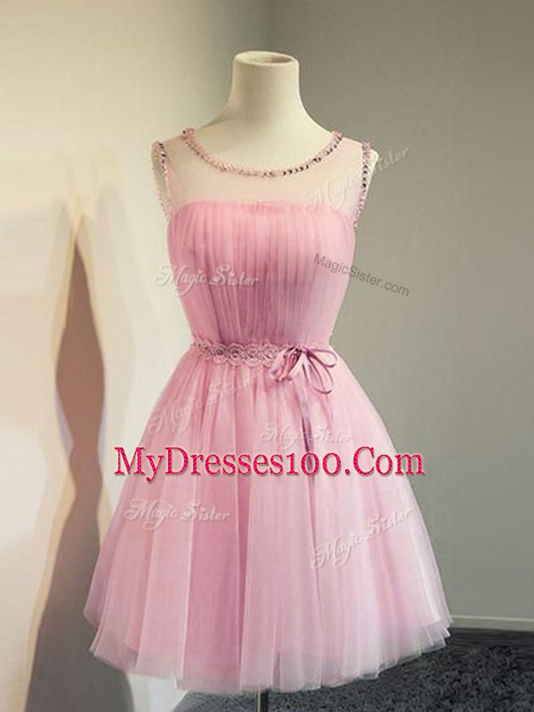 Rose Pink Scoop Lace Up Belt Bridesmaids Dress Sleeveless