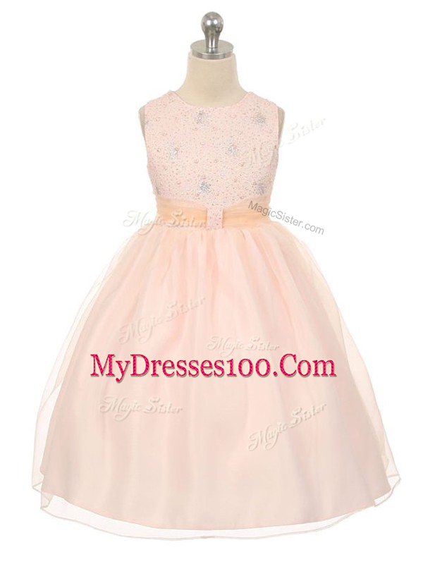 Beading Girls Pageant Dresses Baby Pink Lace Up Sleeveless Knee Length