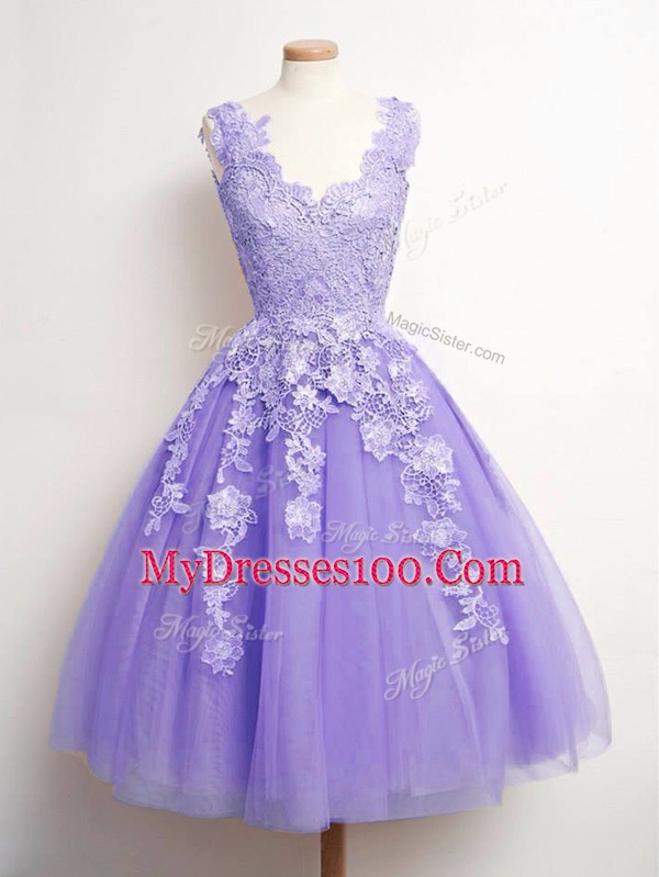 Knee Length Lace Up Bridesmaid Dresses Lavender for Prom and Party and Wedding Party with Lace
