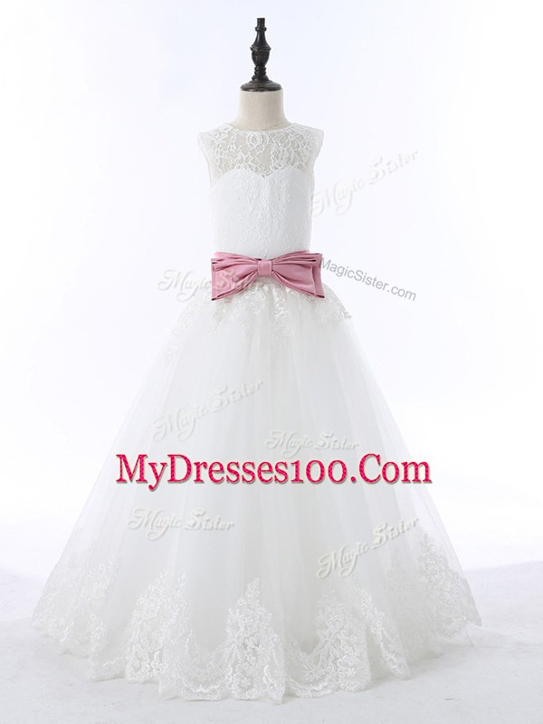 Custom Design Floor Length White Flower Girl Dress Scoop Sleeveless Zipper