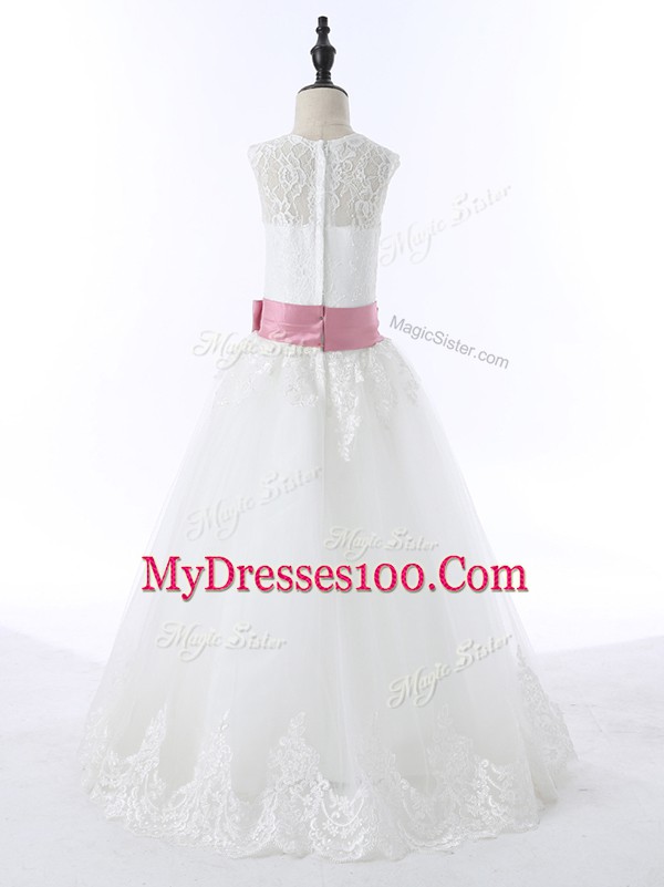Custom Design Floor Length White Flower Girl Dress Scoop Sleeveless Zipper
