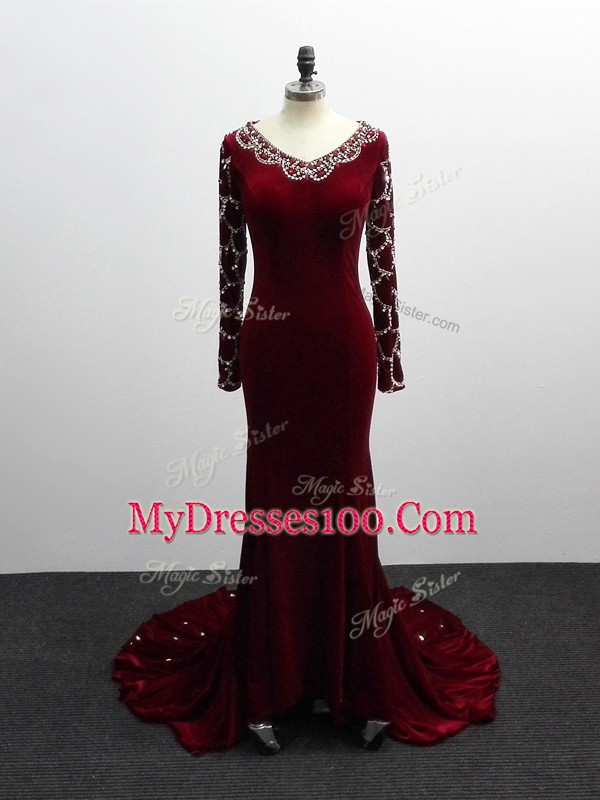 Pretty Long Sleeves Elastic Woven Satin Brush Train Zipper Mother Of The Bride Dress in Burgundy with Beading