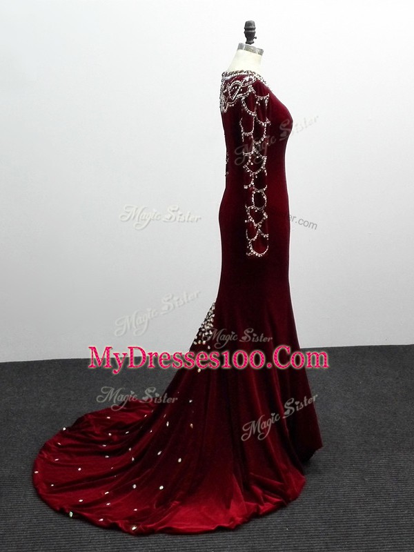 Pretty Long Sleeves Elastic Woven Satin Brush Train Zipper Mother Of The Bride Dress in Burgundy with Beading
