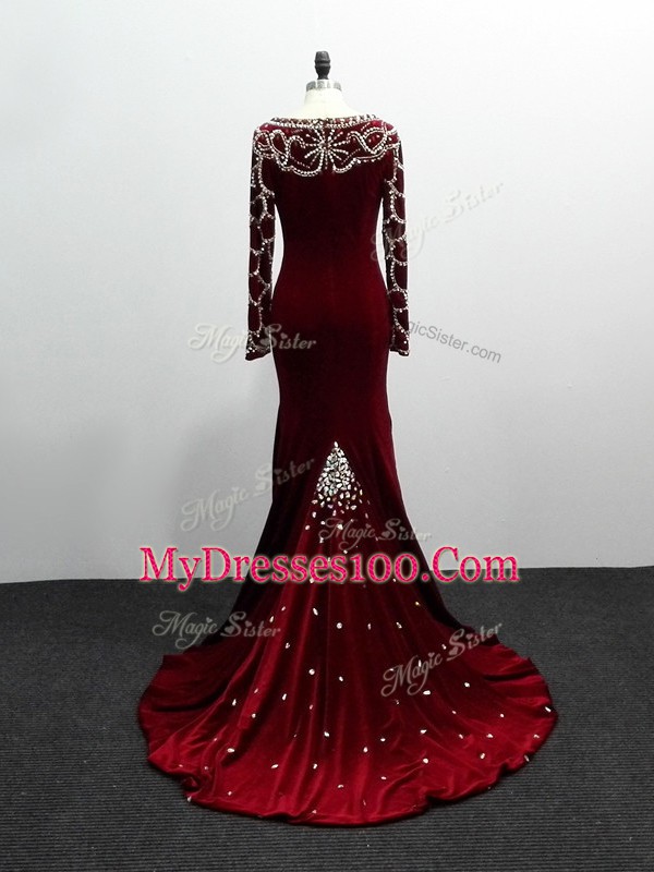 Pretty Long Sleeves Elastic Woven Satin Brush Train Zipper Mother Of The Bride Dress in Burgundy with Beading