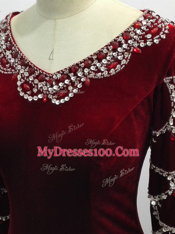 Pretty Long Sleeves Elastic Woven Satin Brush Train Zipper Mother Of The Bride Dress in Burgundy with Beading