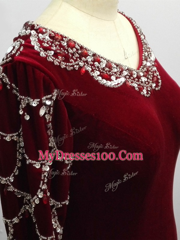 Pretty Long Sleeves Elastic Woven Satin Brush Train Zipper Mother Of The Bride Dress in Burgundy with Beading