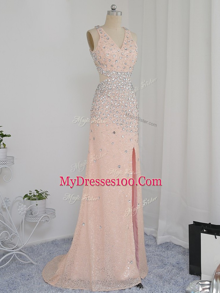 Peach V-neck Backless Beading Casual Dresses Sleeveless