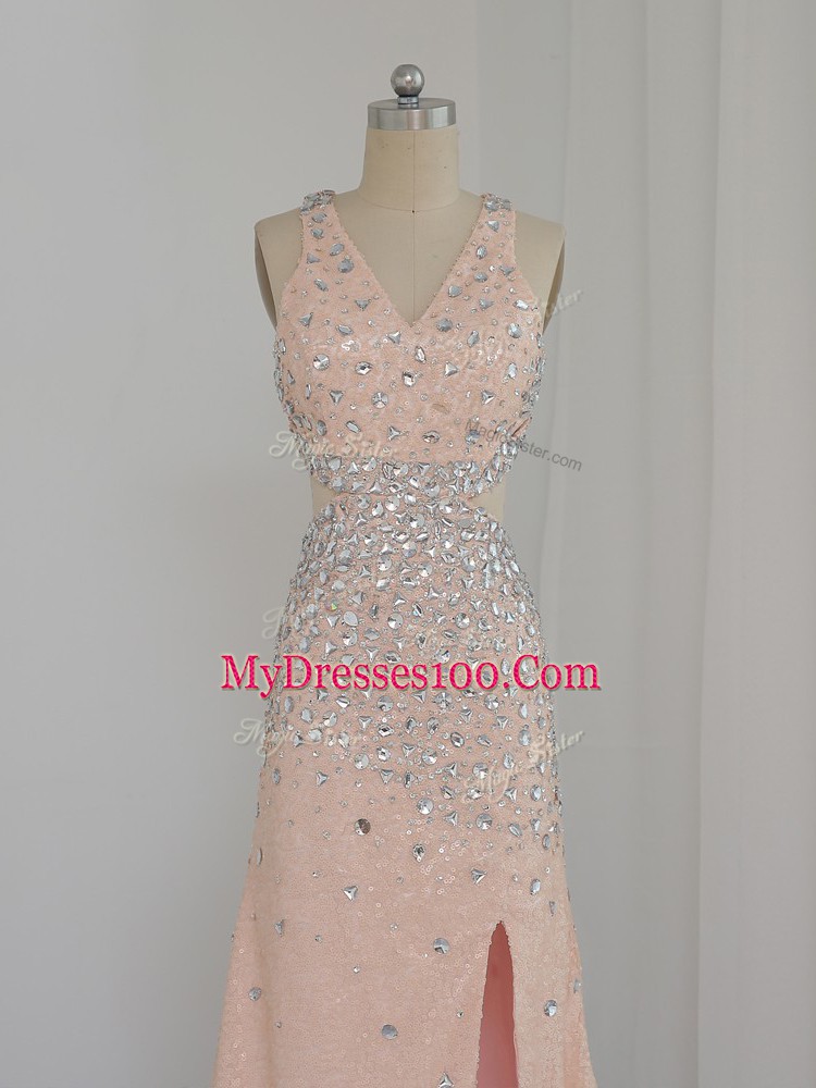Peach V-neck Backless Beading Casual Dresses Sleeveless