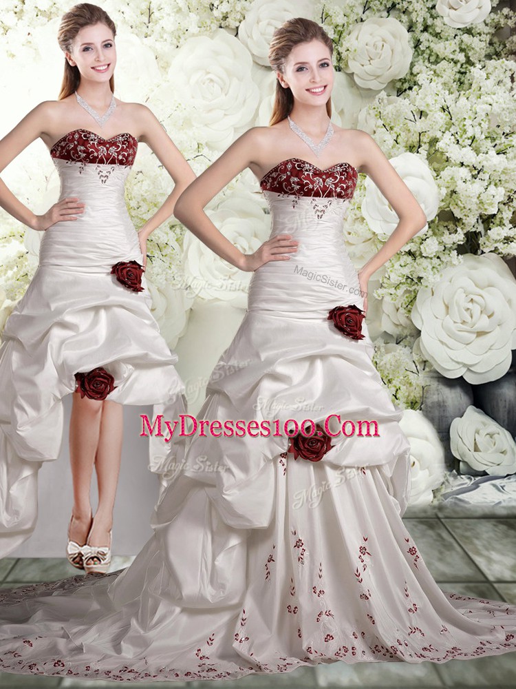 High End White And Red Sleeveless Brush Train Embroidery and Ruffles and Hand Made Flower Wedding Dresses