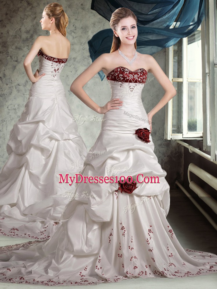High End White And Red Sleeveless Brush Train Embroidery and Ruffles and Hand Made Flower Wedding Dresses