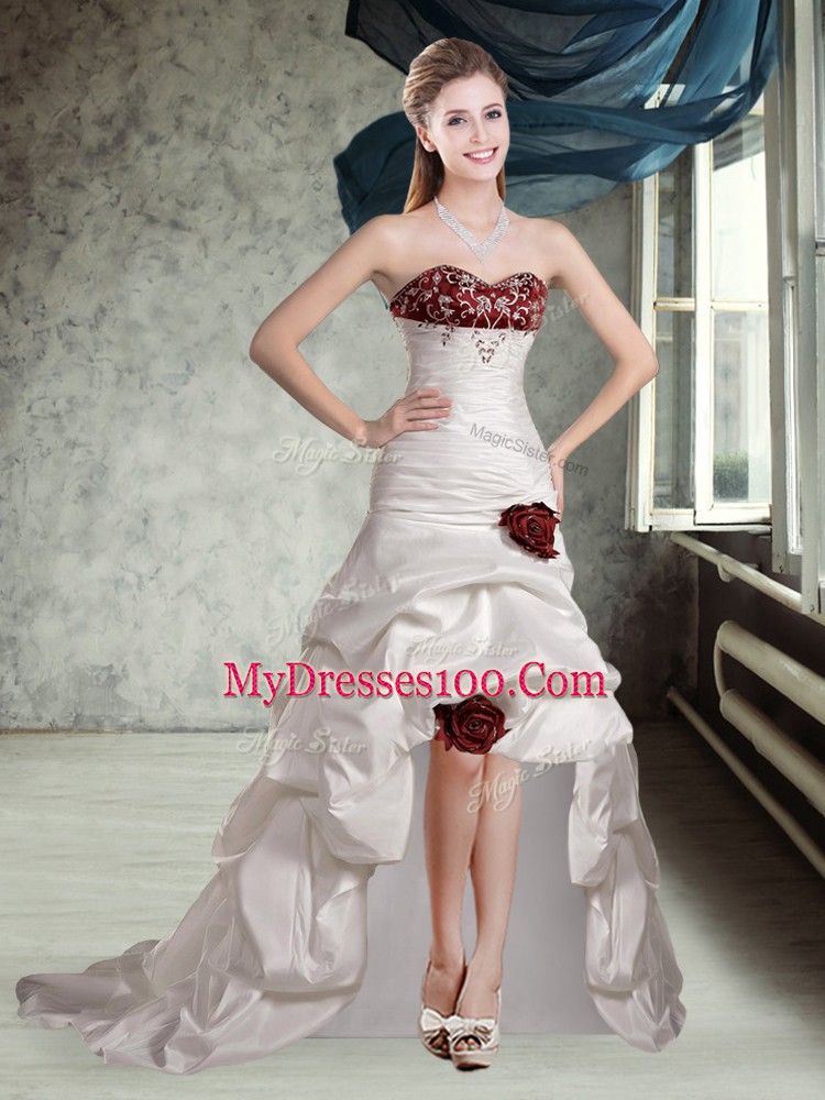 High End White And Red Sleeveless Brush Train Embroidery and Ruffles and Hand Made Flower Wedding Dresses