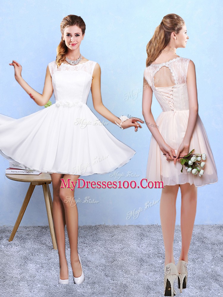 Modest Sleeveless Knee Length Lace and Appliques Lace Up Bridesmaid Dress with White