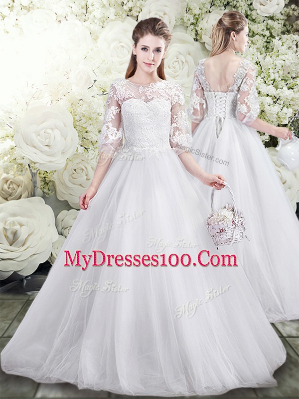 Modern Brush Train A-line Quince Ball Gowns White Scoop Tulle Half Sleeves Lace Up