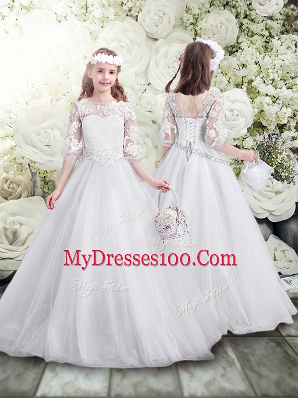 Modern Brush Train A-line Quince Ball Gowns White Scoop Tulle Half Sleeves Lace Up