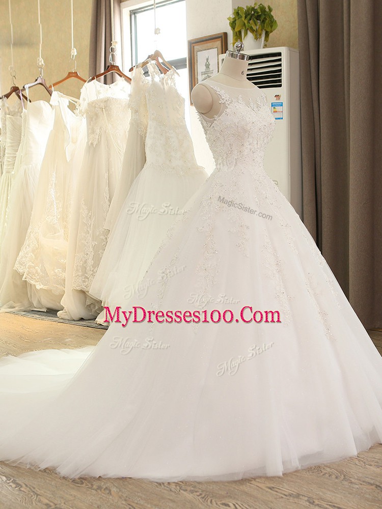 Romantic White A-line Tulle Scoop Sleeveless Lace and Appliques Lace Up Wedding Dresses