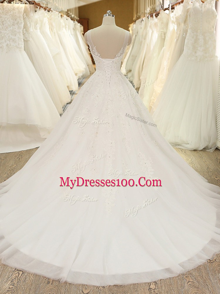 Romantic White A-line Tulle Scoop Sleeveless Lace and Appliques Lace Up Wedding Dresses