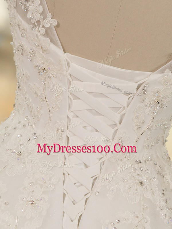 Romantic White A-line Tulle Scoop Sleeveless Lace and Appliques Lace Up Wedding Dresses