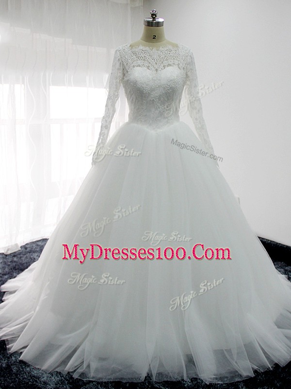 White Wedding Gown Tulle Brush Train Long Sleeves Lace and Appliques