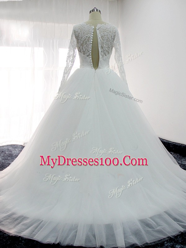 White Wedding Gown Tulle Brush Train Long Sleeves Lace and Appliques