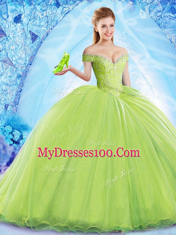 Inexpensive Yellow Green Sleeveless Brush Train Beading Sweet 16 Quinceanera Dress