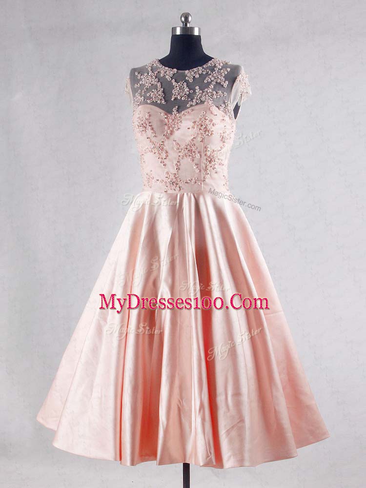 Pink Taffeta Zipper Prom Evening Gown Sleeveless Knee Length Beading and Appliques