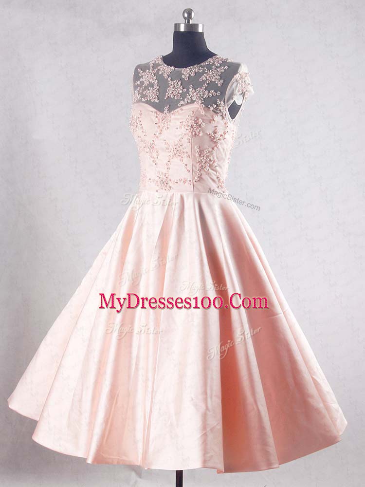 Pink Taffeta Zipper Prom Evening Gown Sleeveless Knee Length Beading and Appliques