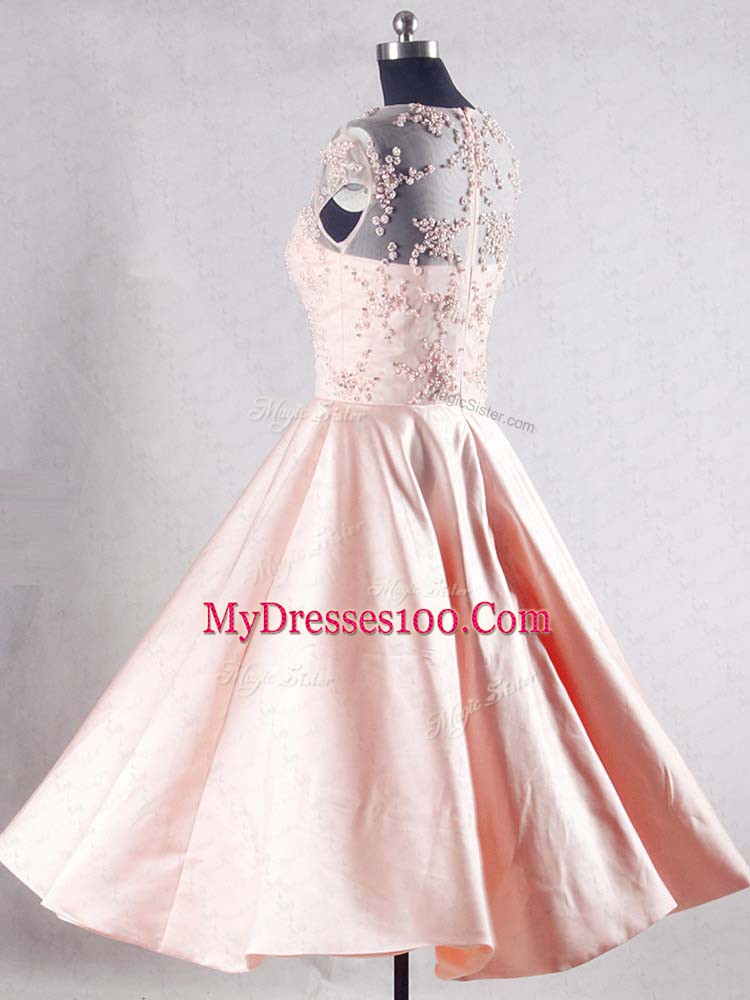 Pink Taffeta Zipper Prom Evening Gown Sleeveless Knee Length Beading and Appliques