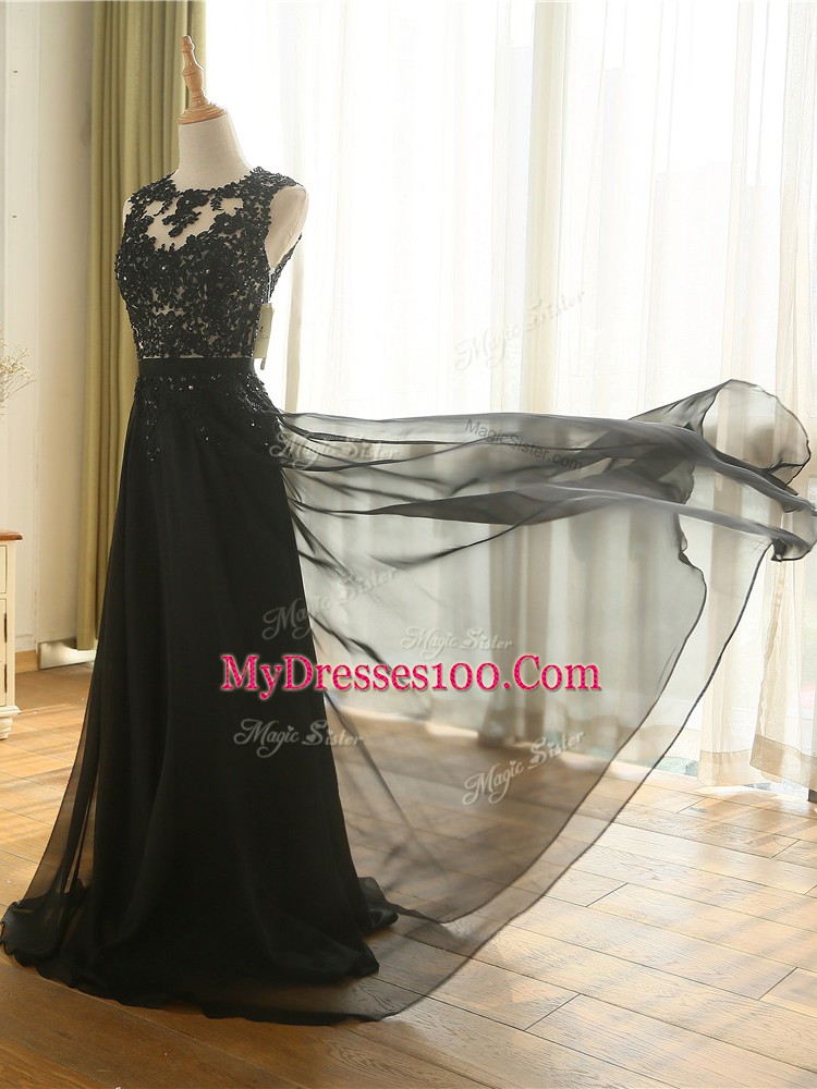 Tulle Scoop Sleeveless Zipper Lace and Appliques Prom Evening Gown in Black