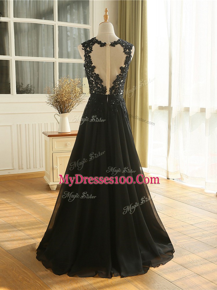 Tulle Scoop Sleeveless Zipper Lace and Appliques Prom Evening Gown in Black