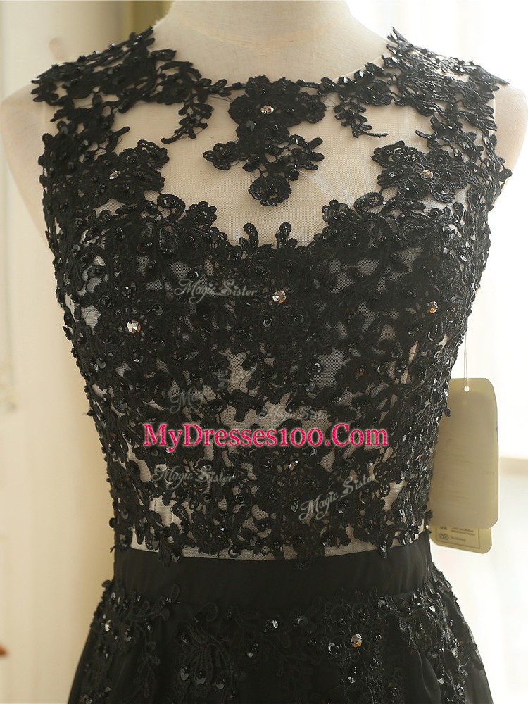Tulle Scoop Sleeveless Zipper Lace and Appliques Prom Evening Gown in Black