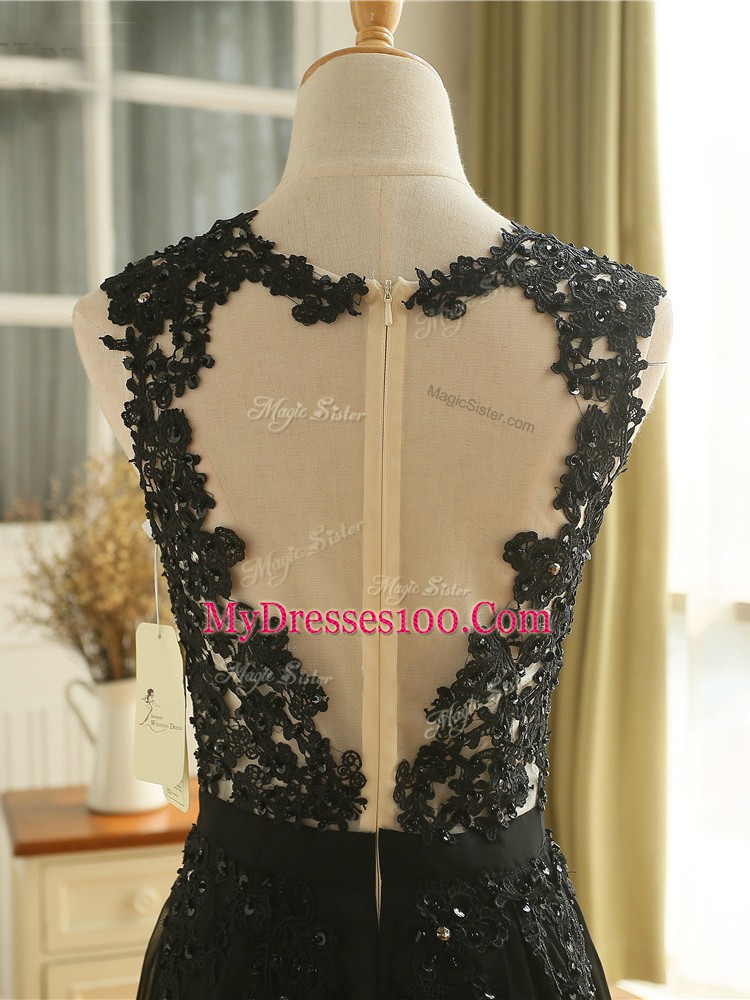 Tulle Scoop Sleeveless Zipper Lace and Appliques Prom Evening Gown in Black