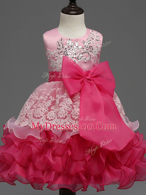 Hot Pink Ball Gowns Organza Scoop Sleeveless Lace and Ruffled Layers and Bowknot Tea Length Zipper Little Girl Pageant Dress