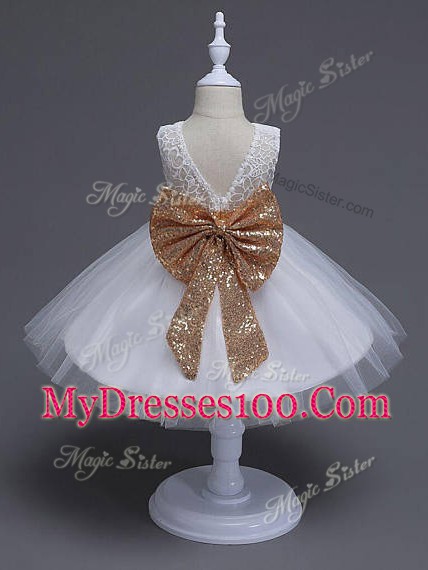 Trendy White Sleeveless Lace and Bowknot Knee Length Little Girl Pageant Dress