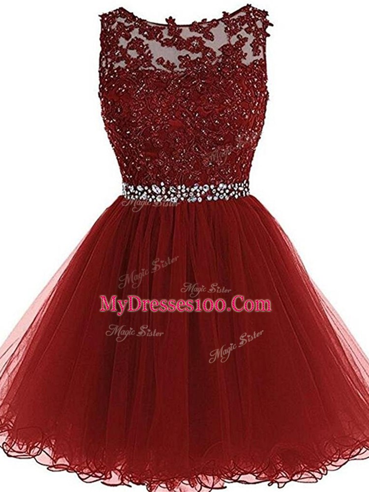 Most Popular Mini Length Burgundy Evening Dress Scoop Sleeveless Zipper