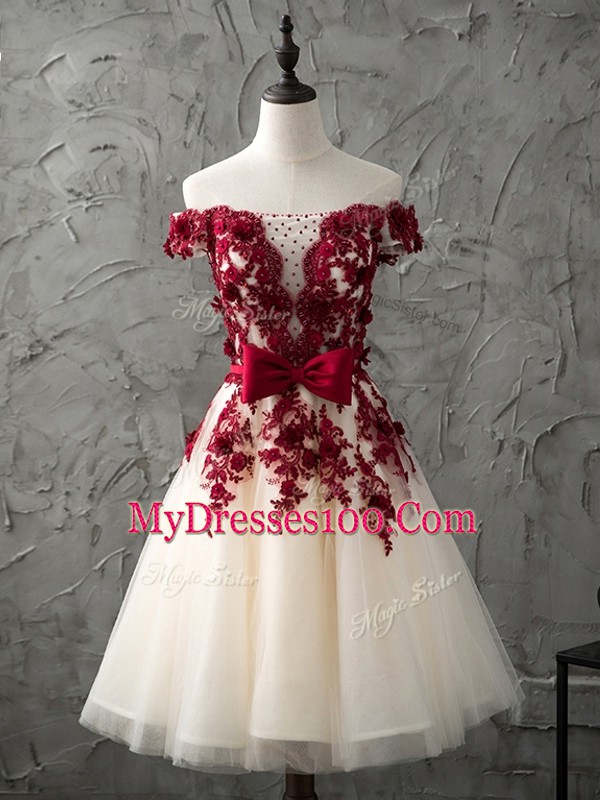 Champagne Wedding Guest Dresses Prom and Party and Wedding Party with Appliques and Bowknot Off The Shoulder Sleeveless Lace Up