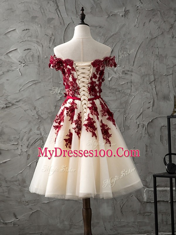 Champagne Wedding Guest Dresses Prom and Party and Wedding Party with Appliques and Bowknot Off The Shoulder Sleeveless Lace Up