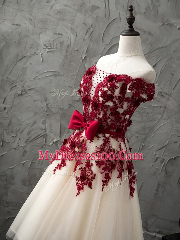 Champagne Wedding Guest Dresses Prom and Party and Wedding Party with Appliques and Bowknot Off The Shoulder Sleeveless Lace Up