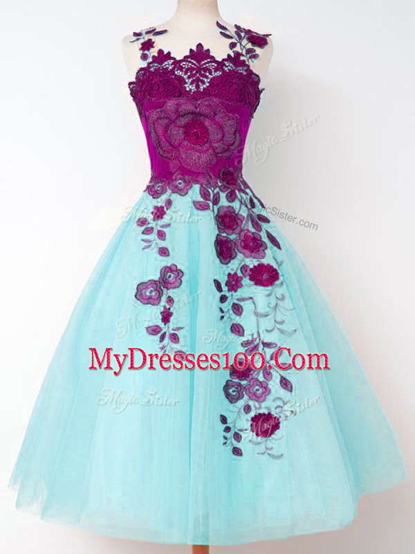 Suitable Aqua Blue A-line Appliques Dama Dress Lace Up Tulle Sleeveless Knee Length