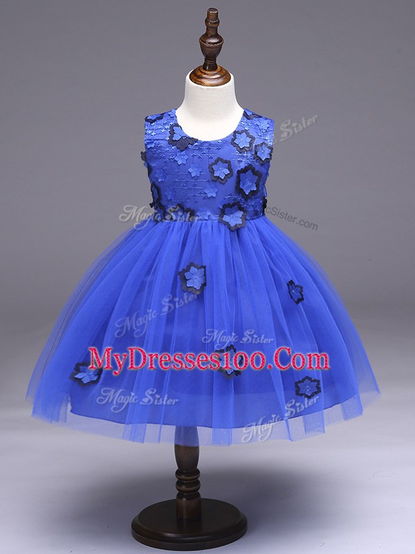 High Quality Royal Blue Ball Gowns Scoop Sleeveless Tulle Knee Length Zipper Appliques and Bowknot Little Girls Pageant Dress