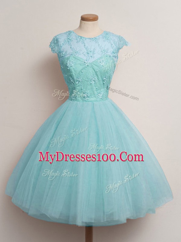Elegant Aqua Blue Tulle Lace Up Scoop Cap Sleeves Knee Length Vestidos de Damas Lace